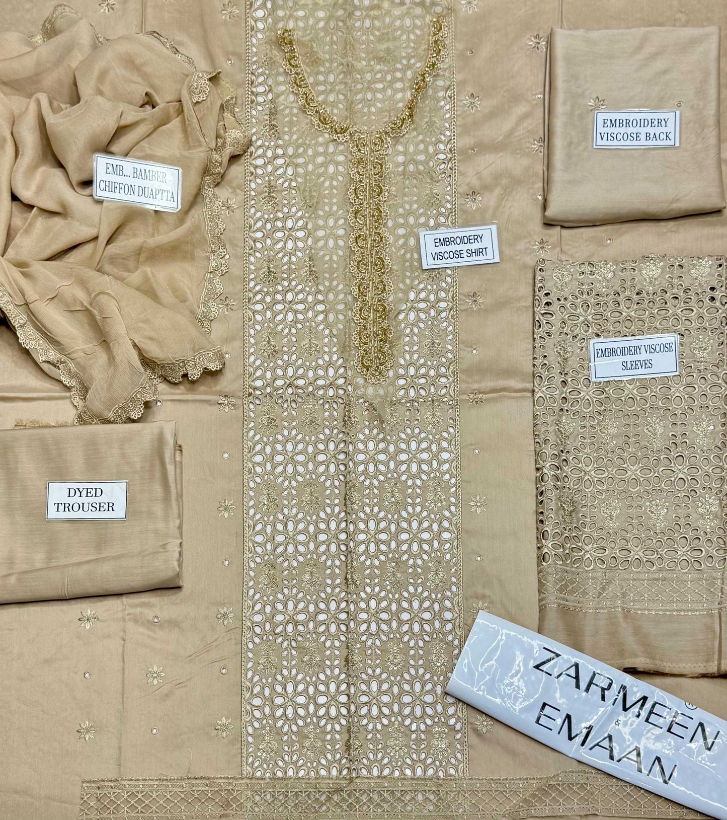 Zarmeen Emaan Article 934 Luxury Embroidered Shirt Front Back Sleeves Neckline Daman Patch Premium Viscose Trouser Pure Bamber Chiffon Dupatta