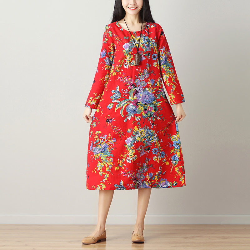 Cotton Linen Dress, Ethnic Style Mid-Length Dress