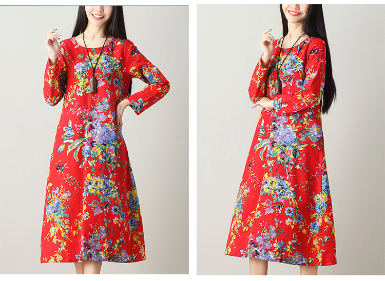 Cotton Linen Dress, Ethnic Style Mid-Length Dress