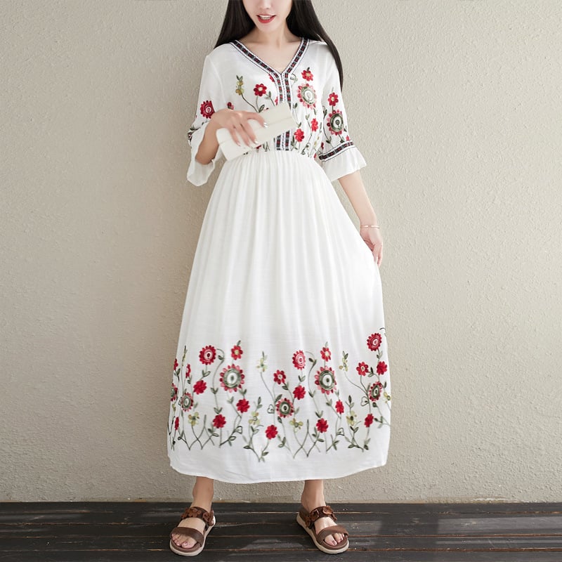 Bohemian Ethnic Cotton Linen Embroidered Dress