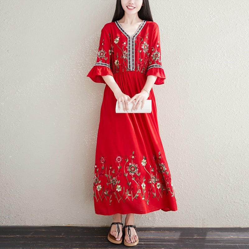 Bohemian Ethnic Cotton Linen Embroidered Dress