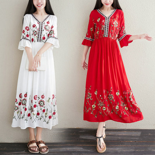 Bohemian Ethnic Cotton Linen Embroidered Dress
